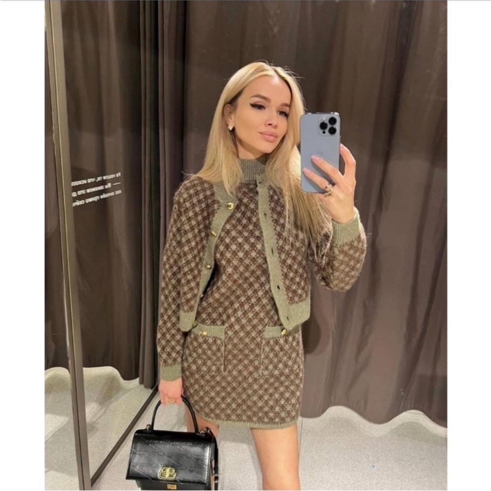 Zara Two-Piece Jacquard Gingham Gold Button Knit Dress And Cardigan